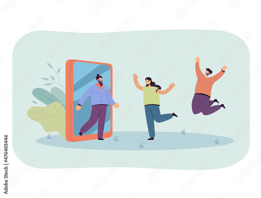 People happy to see man going out of smartphone. Friends spending time together flat vector illustration. Friendship and social networks addiction concept for banner, website design, landing web page People happy to see man going out of smartphone. Friends spending time together flat vector illustration. Friendship and social networks addiction concept for banner, website design, landing web page