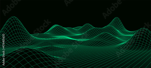 Digital wireframe landscape. Wireframe terrain polygon landscape design. Digital cyberspace in mountains with valleys. Vector illustration.