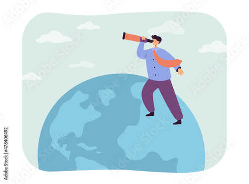 Businessman looking for global opportunity through telescope. Man standing on globe flat vector illustration. Expertise, vision, development concept for banner, website design or landing web page