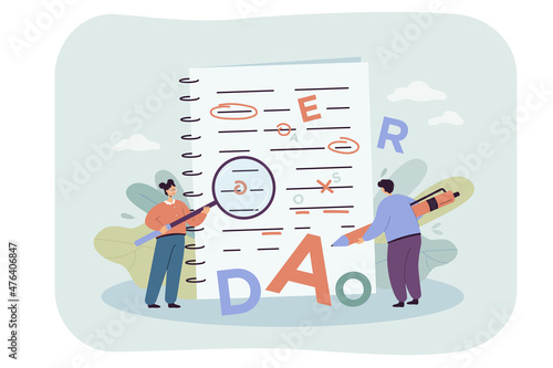 Tiny persons correcting grammar and punctuation errors in text. Mistake correction in school or college flat vector illustration. Education concept for banner, website design or landing web page