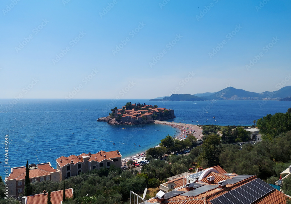 beautiful view of island Sveti-Stefan near Budva in Montenegro, Europe, Adriatic Sea
