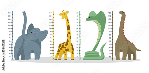 Kid height measure ruler for wall vector illustrations set. Child growth meter or chart, cute animal cartoon characters: elephant, giraffe, dinosaur isolated on white background. Measurement concept