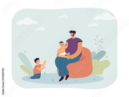 Sad jealous child, excluded by parent with new baby. Happy father sitting with small kid flat vector illustration. Jealousy of siblings, family concept for banner, website design or landing web page