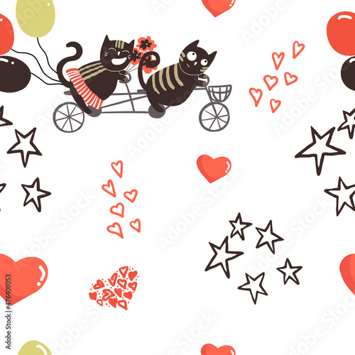 Seamless pattern, with a couple of cats in love on a bicycle, tandem, with balloons, decorative hearts and stars, Valentine's Day, marriage proposal, wedding