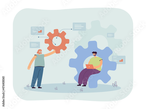 Tiny team of developers studying business workflow. Persons working together on progress with gears flat vector illustration. Organization concept for banner, website design or landing web page