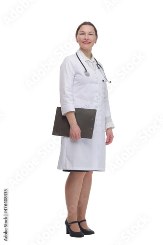 in full growth. female doctor with clipboard.