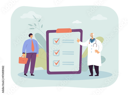 Annual regular medical examination of businessman by doctor. Tiny people standing with checklist flat vector illustration. Insurance, prevention concept for banner, website design or landing web page