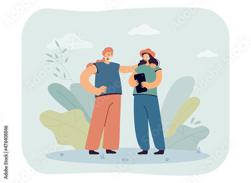 Female character embracing her friend with smartphone in hands. Girls spending time together in real life flat vector illustration. Friendship concept for banner, website design or landing web page