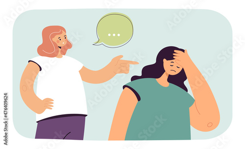 Critic negative conversation and pressure between two women. Stress and worry of sad girl flat vector illustration. Violence, slander, bullying concept for banner, website design or landing web page