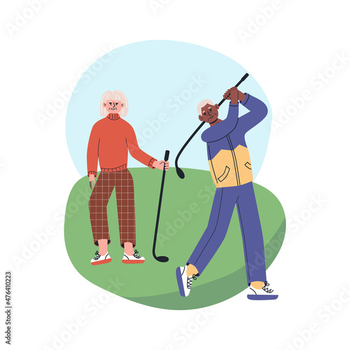 Happy senior couple playing golf in club park. Elderly man and woman lead active lifestyle. Grandmother and grandfather flat vector modern illustration in trendy colors, isolated on white