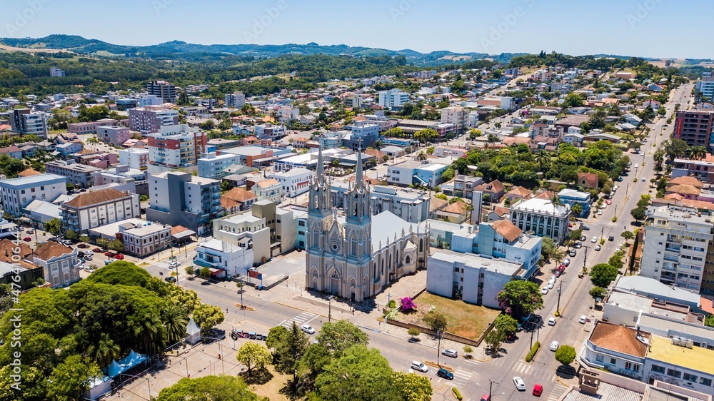 Guaporé RS. Aerial view of the mother church and the city of Guaporé