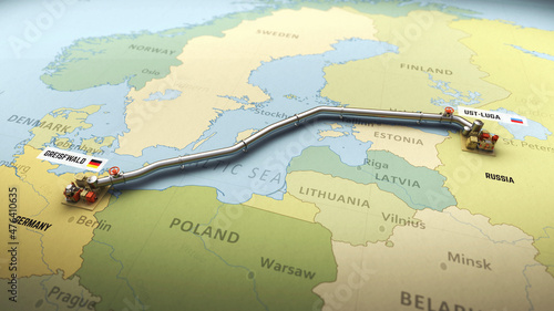 Fotografia, Obraz 3D Render of Nord Stream 2 gas pipeline emerging on map of Europe connecting Rus