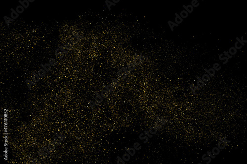 Gold Glitter Texture Isolated on Black Background. Golden stardust. Amber Particles Color. Sparkles Rain. Vector Illustration, Eps 10.