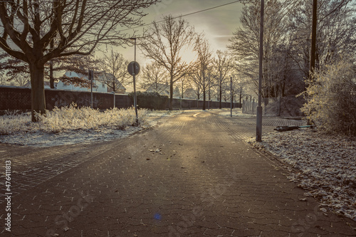 A footpath in winter with frost on the ground and trees