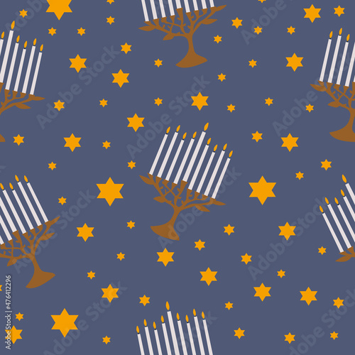 Hanukkah seamless pattern. Background with Hanukkah Menorah candles and David stars. Vector illustration for jewish holiday Hanukkah.