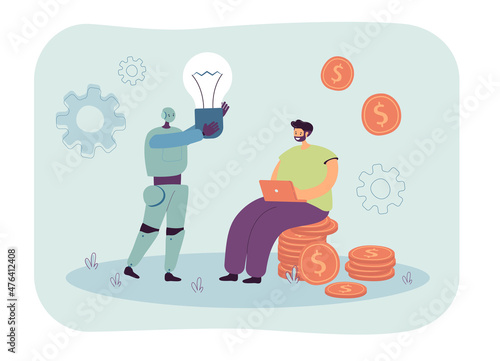 Robot giving light bulb to businessman. Man sitting with laptop on money coins flat vector illustration. Finance, help of artificial intelligence concept for banner, website design or landing web page