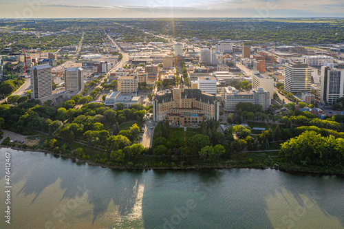 Aerial view of the downtown area of Saskatoon, Saskatchewan, Canada photo