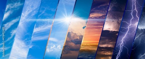 Weather forecast background, climate change concept, collage of images with variety weather conditions - bright sun and blue sky, stormy sky with lightnings, sunset and night photo
