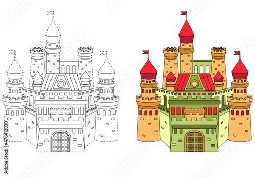 A fabulous multi-colored castle. Coloring book for children. Practice of handwriting. Education Development Worksheet.