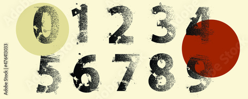 Grunge distress rough edges numbers . Speckled texture . Screen print . Vector dispersion alphabet numbers. Graffiti style