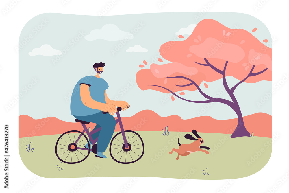 Naklejka premium Happy man and dog on bike fun ride in nature landscape. Active person riding bicycle flat vector illustration. Cycling holiday, healthy lifestyle concept for banner, website design or landing web page
