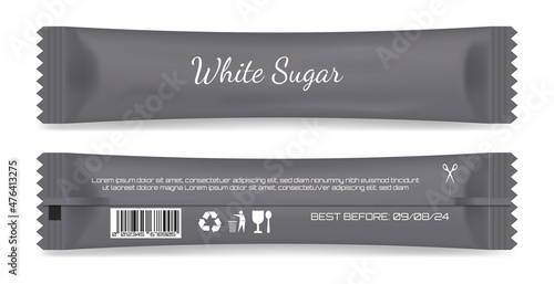 Realistic white sugar sachet, white sugar in paper kraft packaging, Mock up for design isolated on white 
background, packet mockup for food sweetener.
