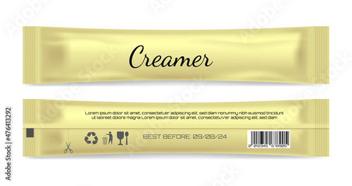 Realistic creamer sachet, creamer in paper kraft packaging, Mock up for design isolated on white background, packet mockup for food sweetener.
