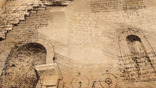 3d illustration - Engineering drawing in style  of  Leonardo Da Vinci photo