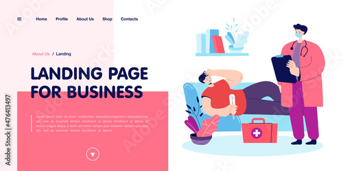 Doctor seeing patient at home. Sick man lying on sofa with thermometer, medical worker looking at him. Fever, headache, flu. Sad situation. Medical help concept for banner, website design