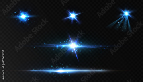 Bright blue light effect with rays and lens flares for vector illustration.