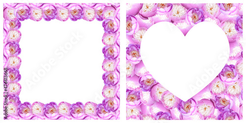 Two frames with a texture of pink peony flowers in the shape of a white heart and a rectangular shape. Photographic collage. Template Template for festive poster, postcards, valentines, invitations.