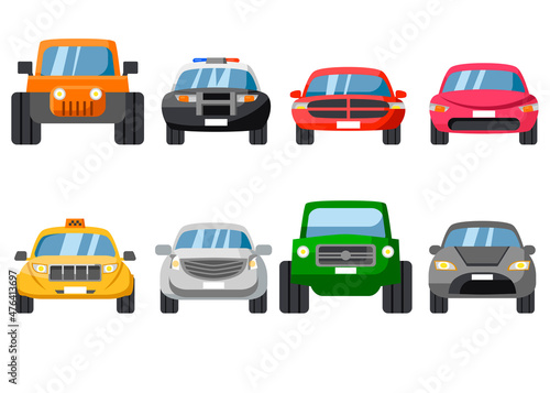 Cars front view cartoon vector illustration set. Different colorful transport vehicle including police car and taxi on white background. Means of transport  travel transportation concept