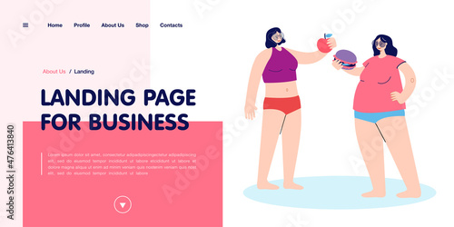 Two girls with different body shapes and diets. Athletic female character holding apple, overweight woman with burger flat vector illustration. Healthy lifestyle concept for banner, website design