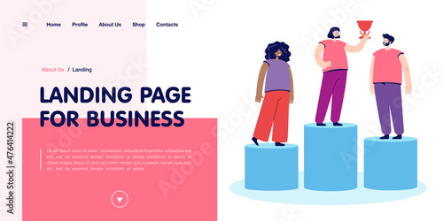 Woman in glasses getting first place in competition. Female and male persons on podium flat vector illustration. Award ceremony, sports, success concept for banner, website design or landing web page