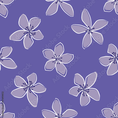 Jasmine floral vector seamless pattern background. Line art hand drawn flower heads, blossom, petals. Monochrome periwinkle purple violet backdrop.Botanical repeat for medicinal healing plant. © Gaianami  Design