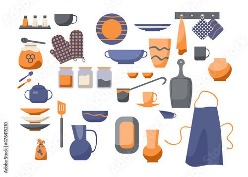 Items for home decoration cartoon vector illustration set. Decorative tableware for kitchen. Mugs, dishes, bowls, vases, jugs and other cookware made of clay. Pottery and ceramics, household concept
