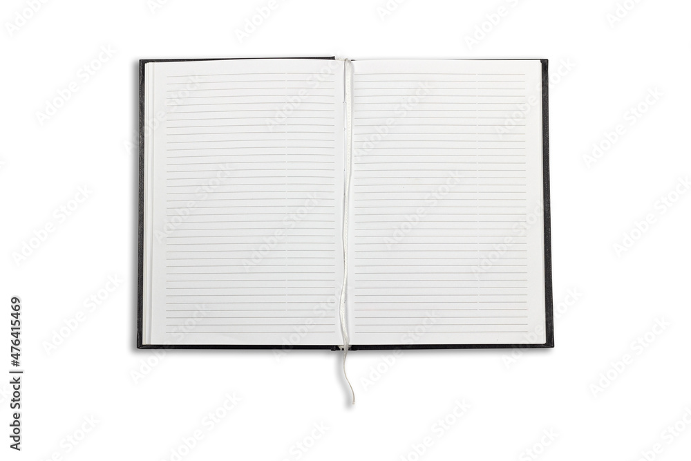 open hardback book or diary flat view isolated from background, on white background, space for text