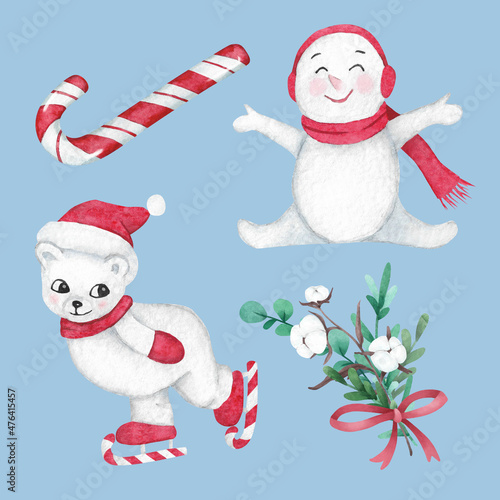 Christmas illustration, cute white bear skating and funny snowman, candy cane and Christmas bouquet