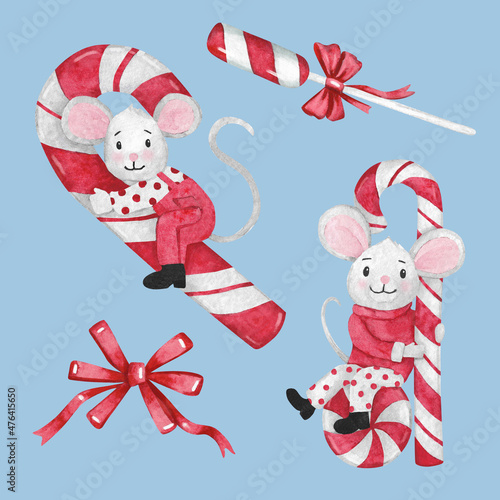 Christmas illustration, cute mouse with candy cane, Christmas sweets and lollipop.