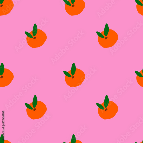 Hand drawn colorful seamless pattern with tangerines in naive style. Oranges pattern in bold colors.