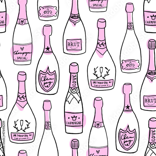 Hand drawn seamless pattern with champagne bottles. Trendy style pattern with wine in pink and white colors.