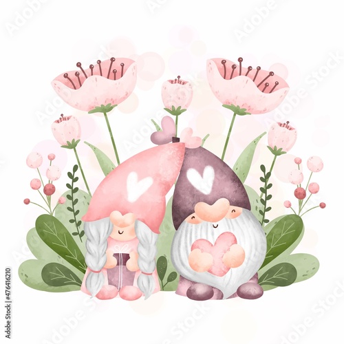 Watercolor cute couple gnome and pink flowers in the garden 