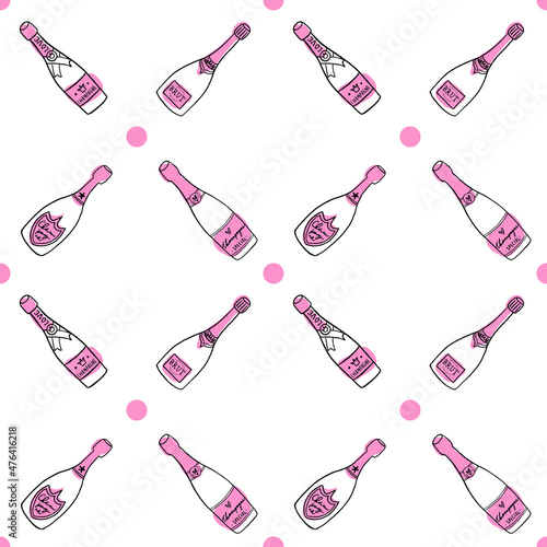 Hand drawn seamless pattern with champagne bottles. Trendy style pattern with wine in pink and white colors.