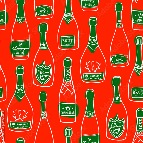 Hand drawn seamless pattern with champagne bottles. Trendy style vector pattern with wine.