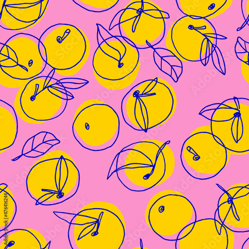 Hand drawn colorful seamless pattern with tangerines in naive style. Oranges pattern in bold colors.