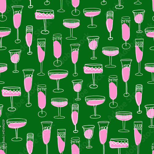 Hand drawn seamless vector pattern with alcohol glasses. Party vibes pattern with cocktails in trendy style.