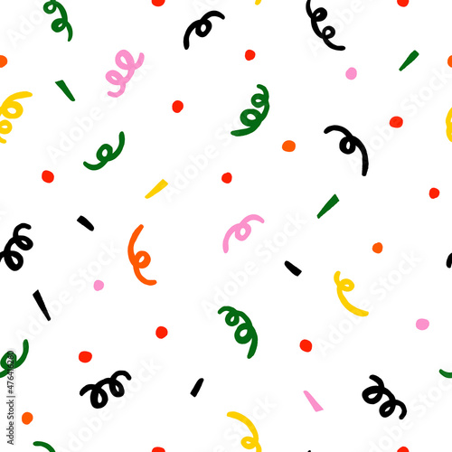 Festive hand drawn seamless vector pattern for wrapping paper. Colorful pattern with polka dot and confetti.