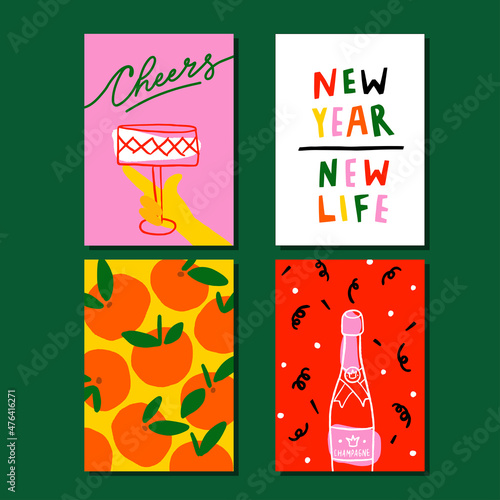 Collection of printable greeting cards for New Year vibes in trendy hand drawn naive style.