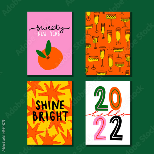 Collection of printable greeting cards for New Year vibes in trendy hand drawn naive style.