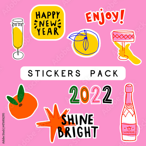 Collection of printable stickers for New Year in trendy hand drawn naive style. Party mood cut file stickers with champagne bottle, tangerines, wine glass and lettering.